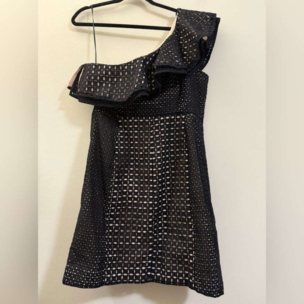 NWT J. Crew Collection‎ Black Eyelet Lace One Shoulder Ruffle Mini Dress - 12 - Picture 6 of 12